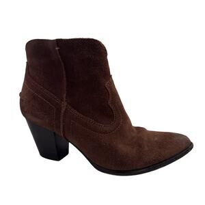 Frye Brown Suede Ankle Boots Cowboy Heeled Pointed Toe Zip Used Women's Size 6.5